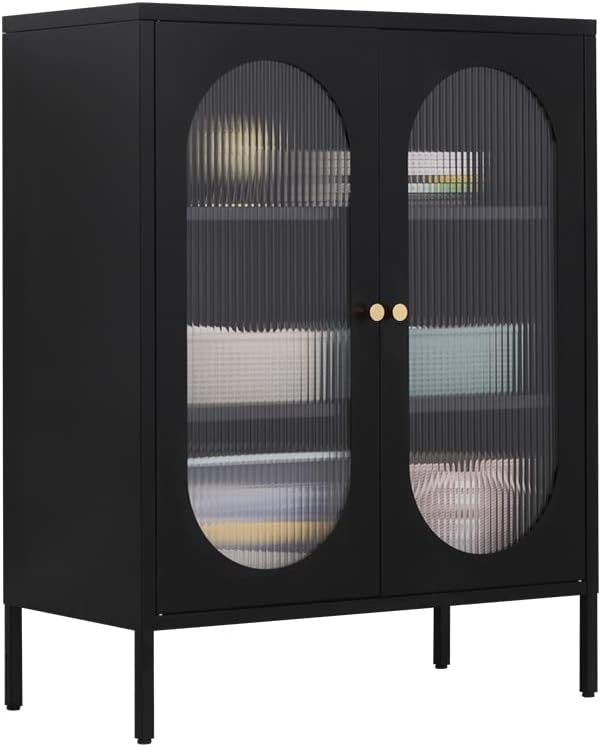 WISUNO Metal Storage Accent Black Cabinet with Glass Doors