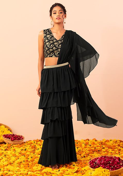 Black Ruffled Pre-Stitched Saree With Printed Blouse And Belt