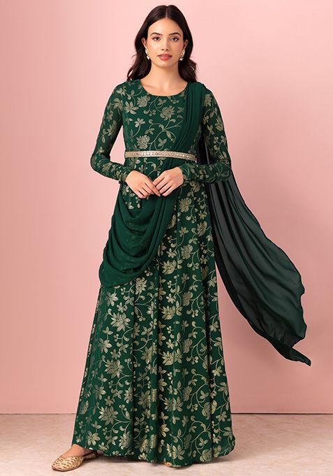 Dark Green Floral Foil Print Anarkali Kurta With Attached Dupatta And Belt