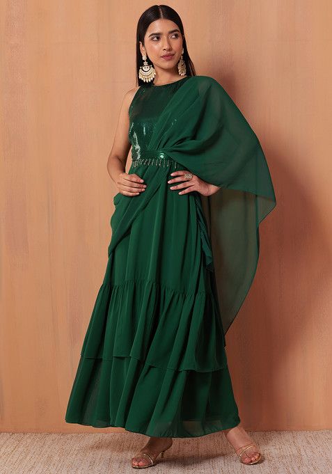Dark Green Pre-Stitched Saree With Attached Sequinned Blouse And Belt