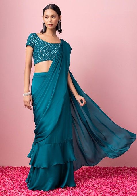 Green Pre-Stitched Saree With Sequin Embroidered Blouse