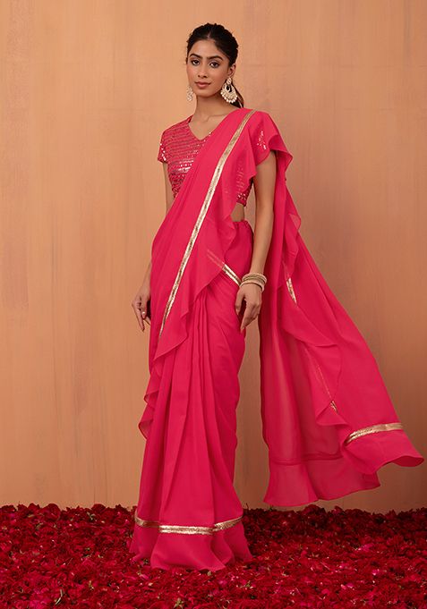 Hot Pink Pre-Stitched Saree