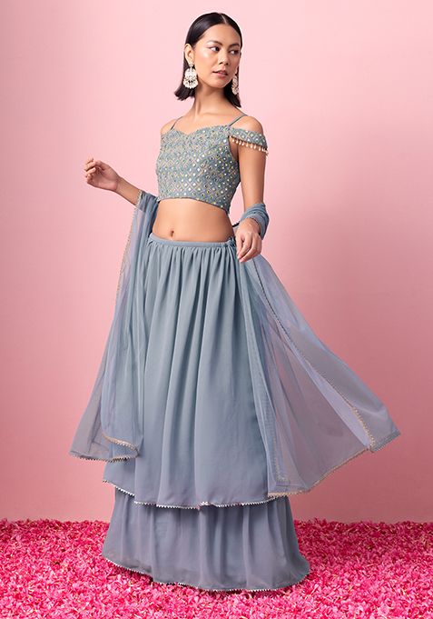 Light Blue Layered Lehenga With Embroidered Blouse And Dupatta