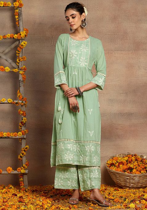 Mint Green Embroidered Cotton Kurta And Pants
