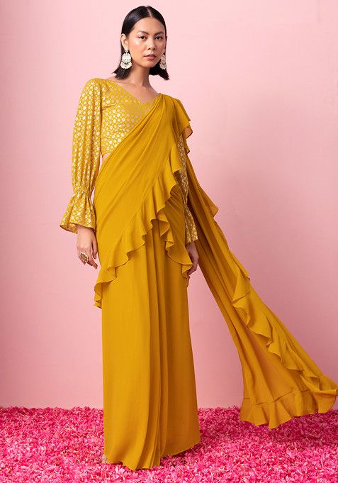 Mustard Yellow Ruffled Pre-Stitched Saree With Foil Print Blouse