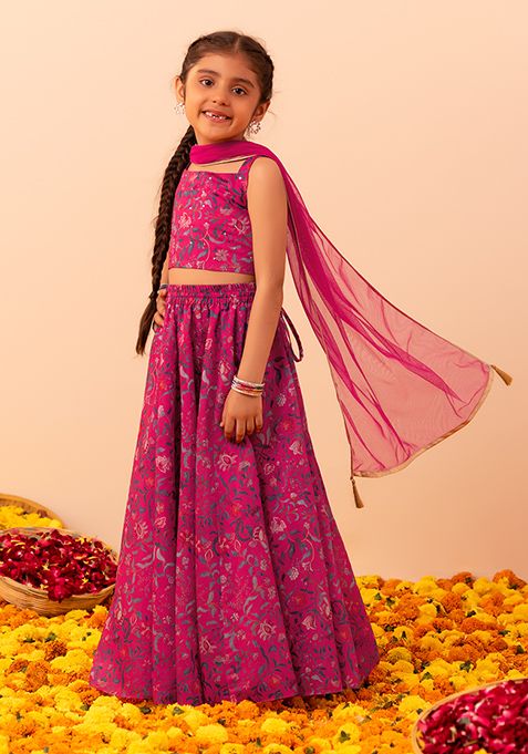Pink Floral Print Lehenga With Blouse And Dupatta