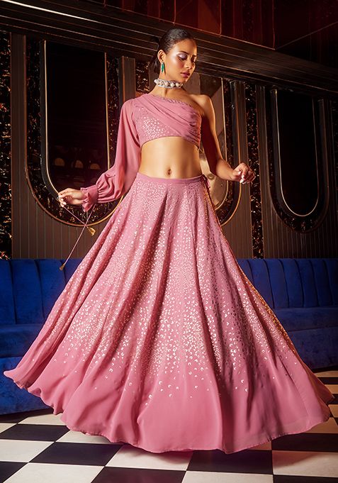 Pink Foil Print Lehenga And One Shoulder Blouse With Attached Drape