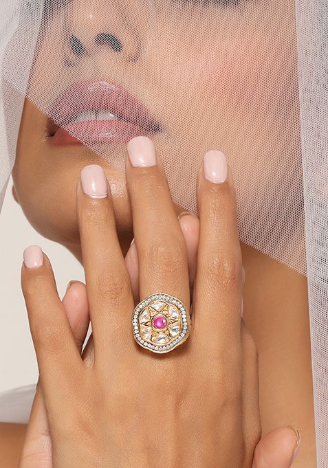 Pink Gold Tone Kundan Ring