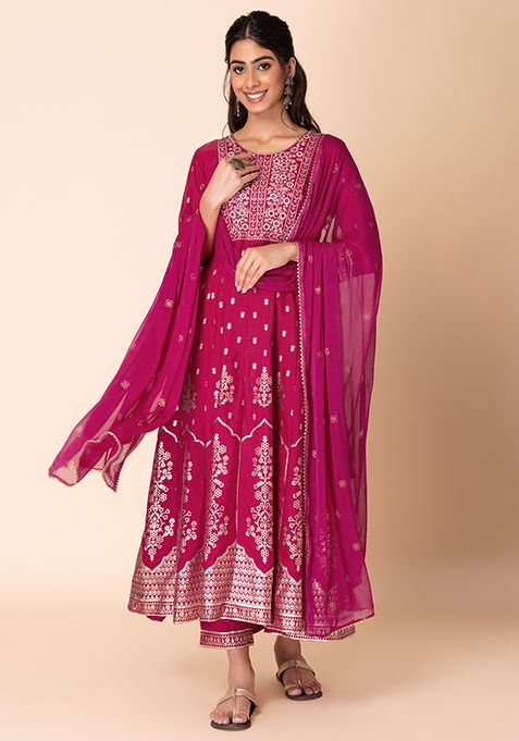 Pink Mughal Foil Print Kurta With Pants And Dupatta