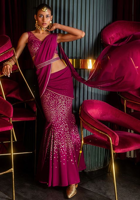 Wine Foil Print Fish Cut Pre-Stitched Saree With Blouse And Belt