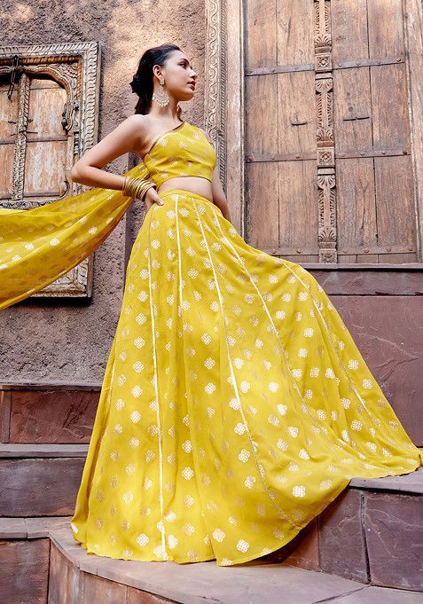 Yellow Foil Print Lehenga With One Shoulder Blouse And Attached Drape